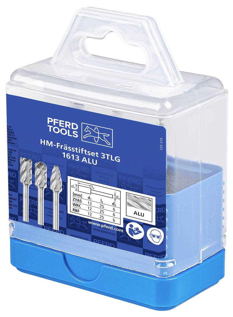 Blue plastic PFERD TOOLS case labeled 'HM-Frässtiftset 3TLG 1613 ALU' containing three aluminum milling bits.