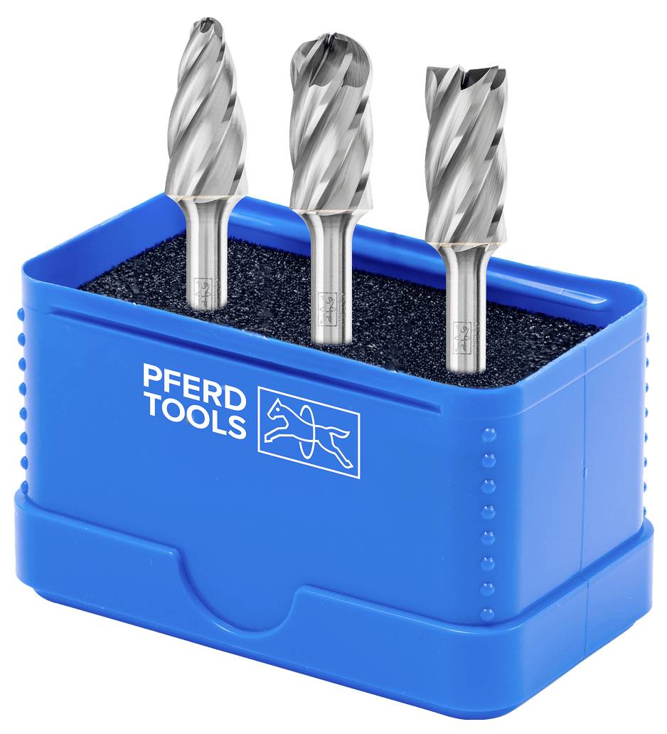 Blue PFERD Tools holder displaying three metal cutting burrs upright in foam, a product display for rotary tool bits.