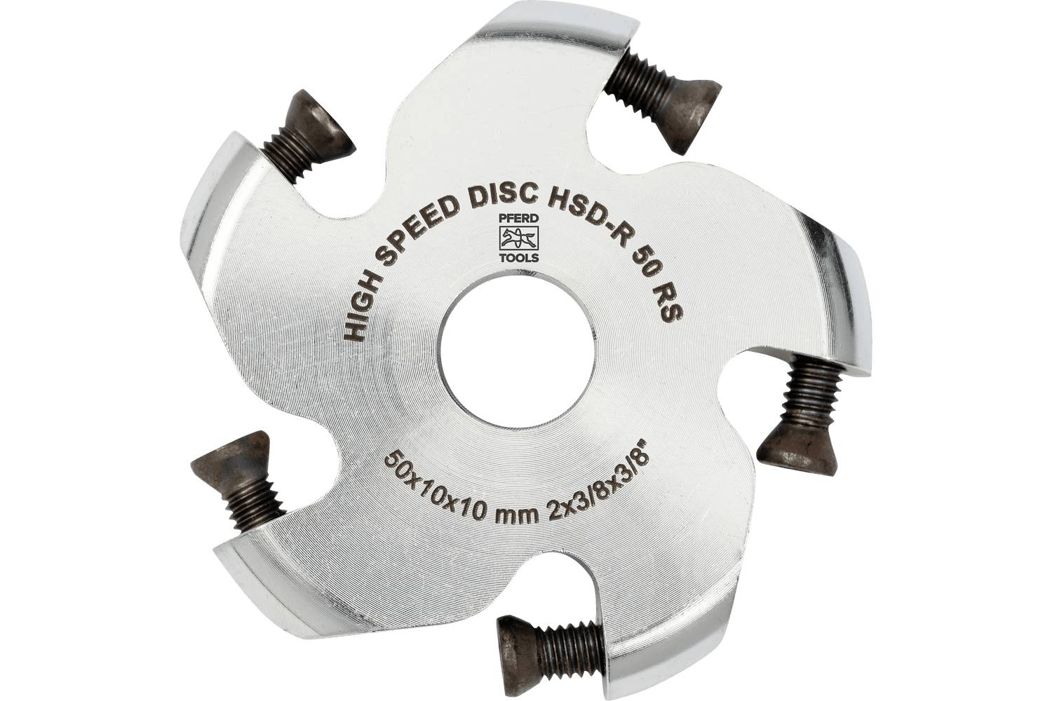 High-speed disc milling cutter with five replaceable tipped teeth and center hole, labeled 'HSD-R 50 RS' and 'PFERD TOOLS'.