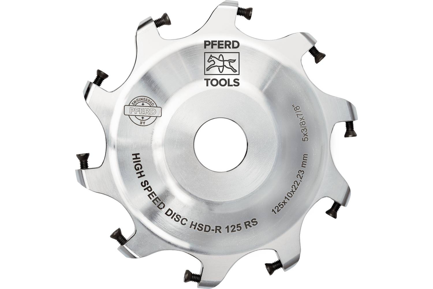 Round metal saw blade with eight black cutting teeth, labeled 'PFERD TOOLS' and 'HIGH SPEED DISC HSD-R 125 RS'.