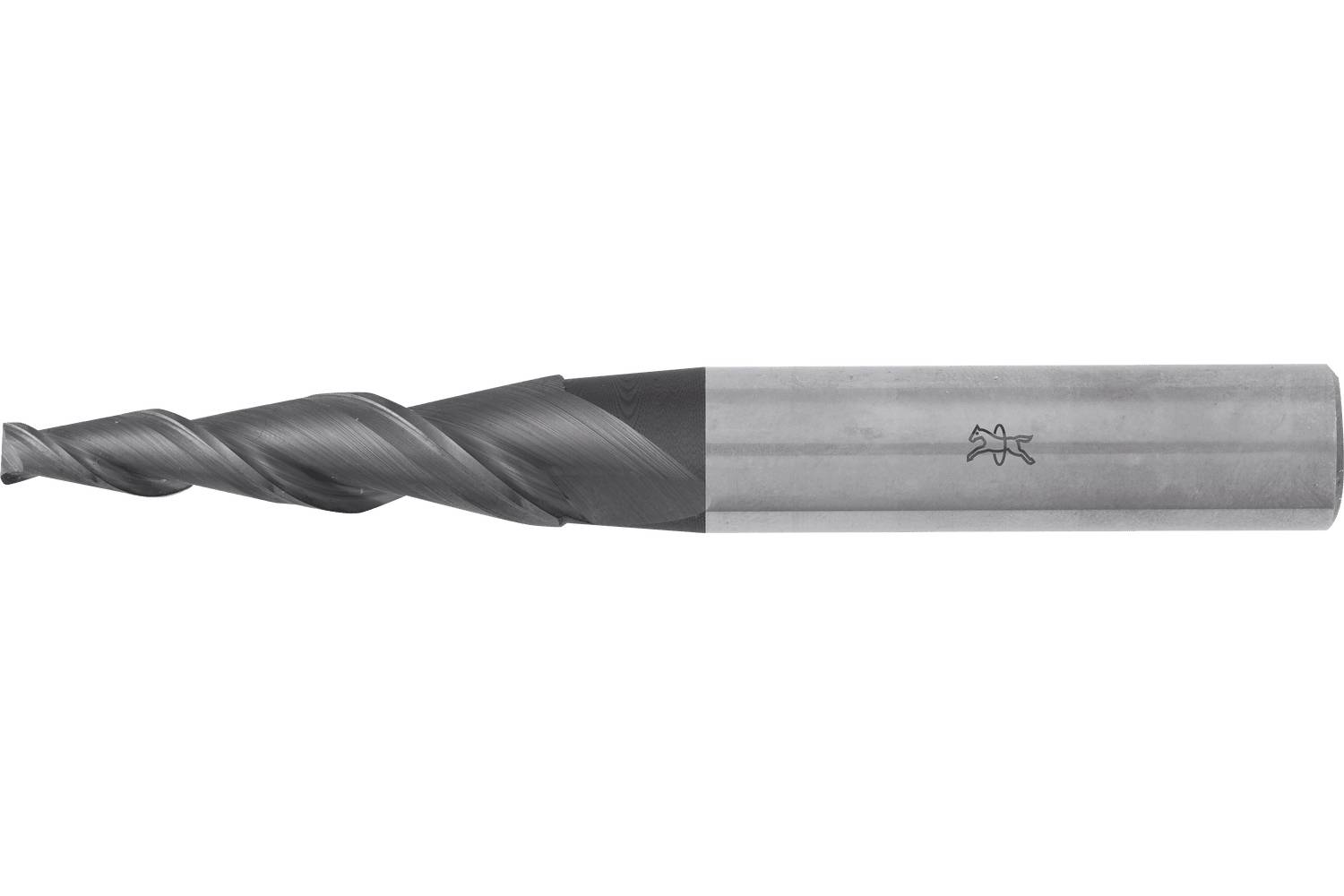 Close-up of a two-flute end mill cutting tool with a cylindrical metal shank on a white background.
