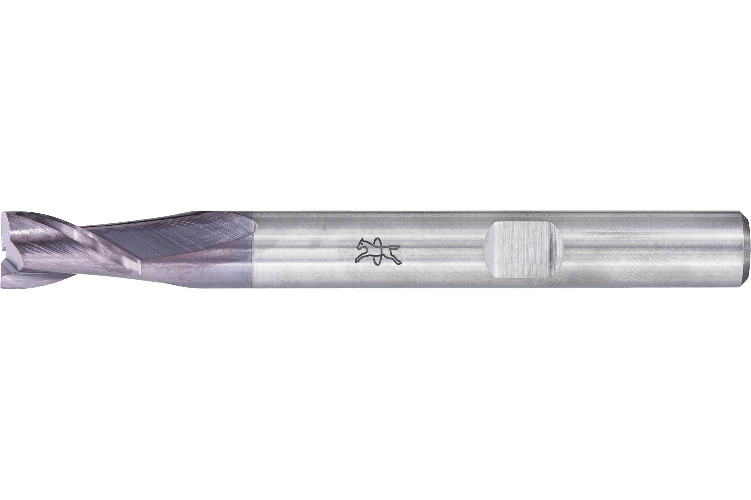 Close-up of a metal end mill cutting tool with spiral flutes and a cylindrical shank on a white background.