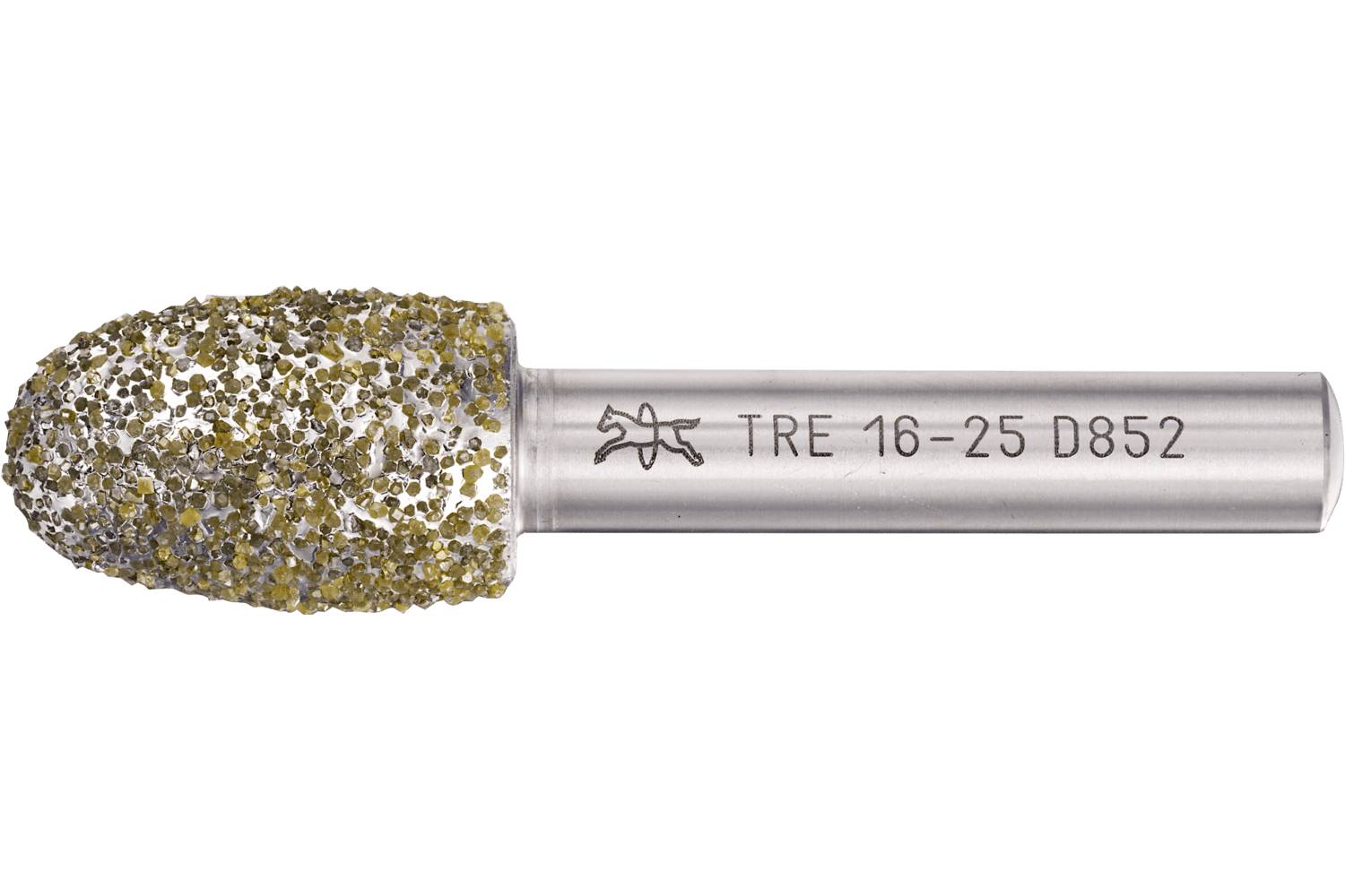 Diamond-coated cylindrical burr bit with metal shank labeled 'TRE 16-25 D852' on a white background.