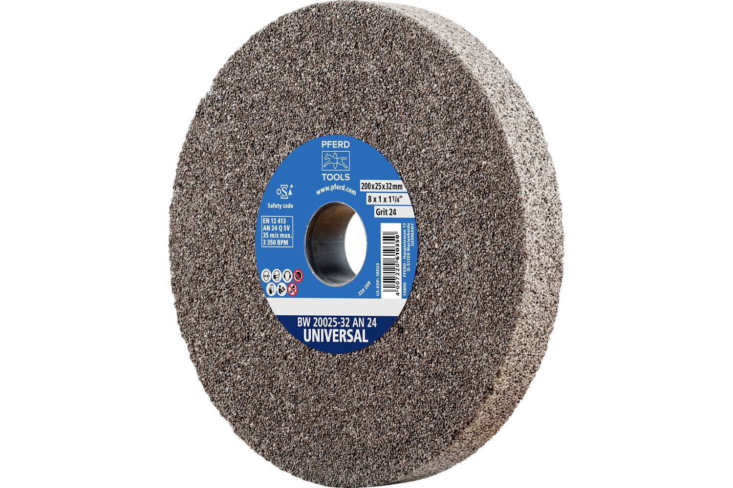 A brown abrasive grinding wheel with a blue center label, shown on a white background, labeled 'UNIVERSAL' and sized for tool grinding.