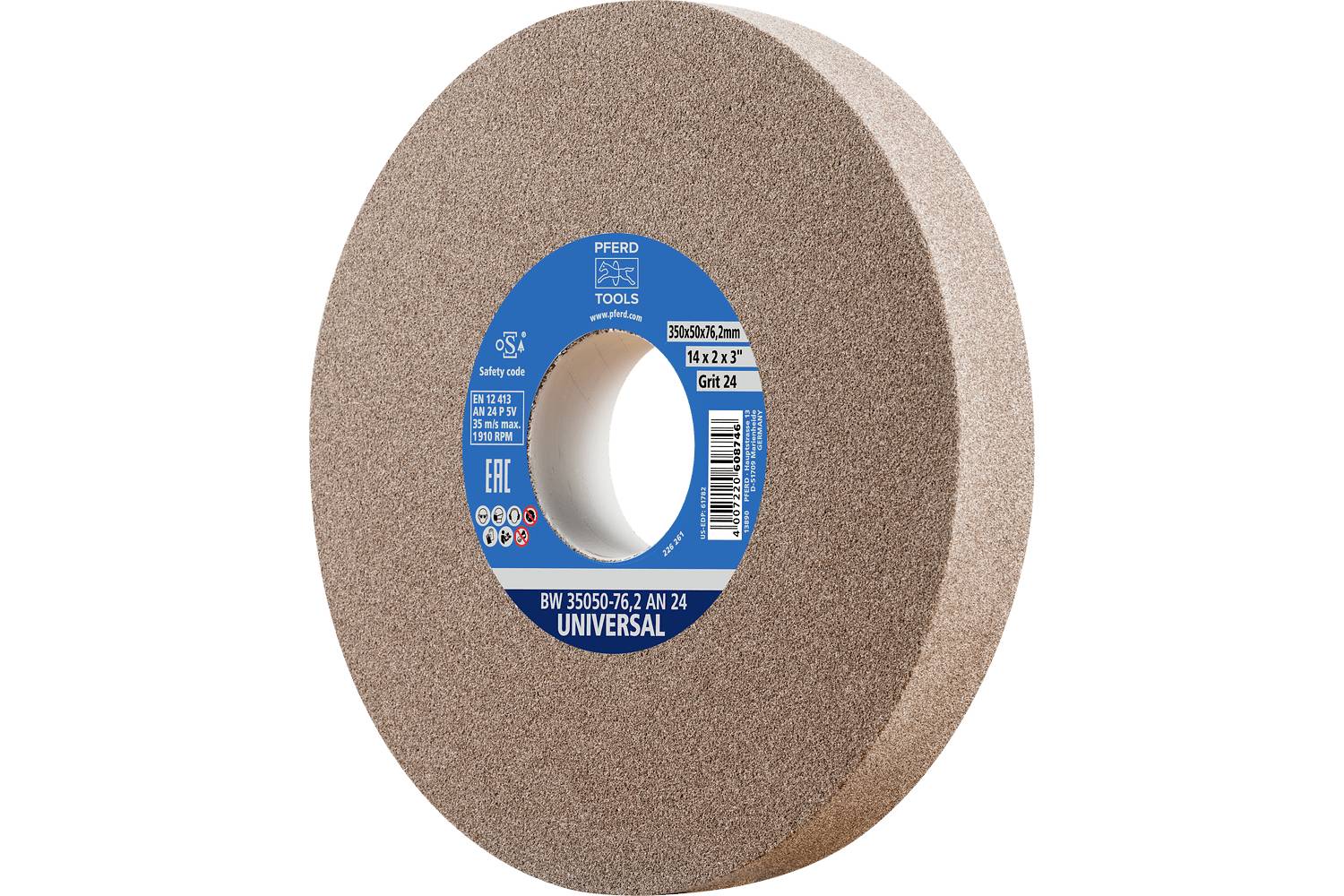 A brown abrasive grinding wheel with a blue center label, shown isolated on a white background.