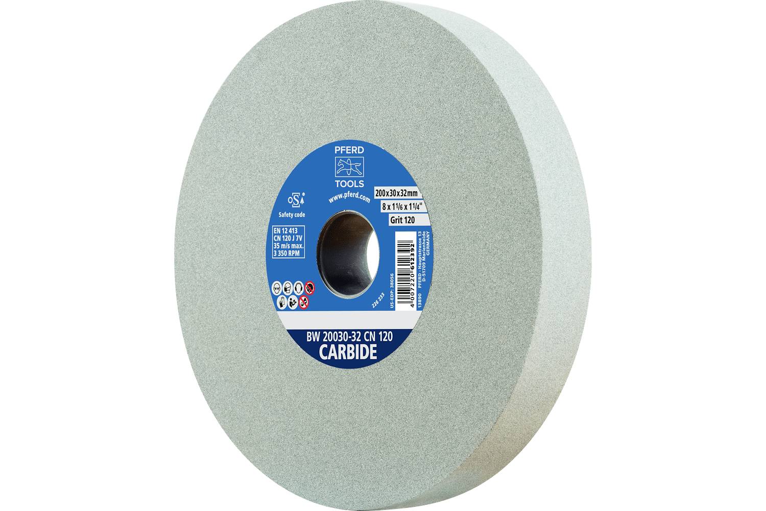 Large gray carbide grinding wheel with a blue center label on a white background.