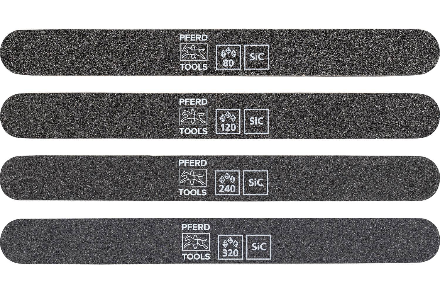 Four black PFERD abrasive sanding belts shown in a row, labeled with grit sizes 80, 120, 240, and 320 and 'SiC' for silicon carbide.