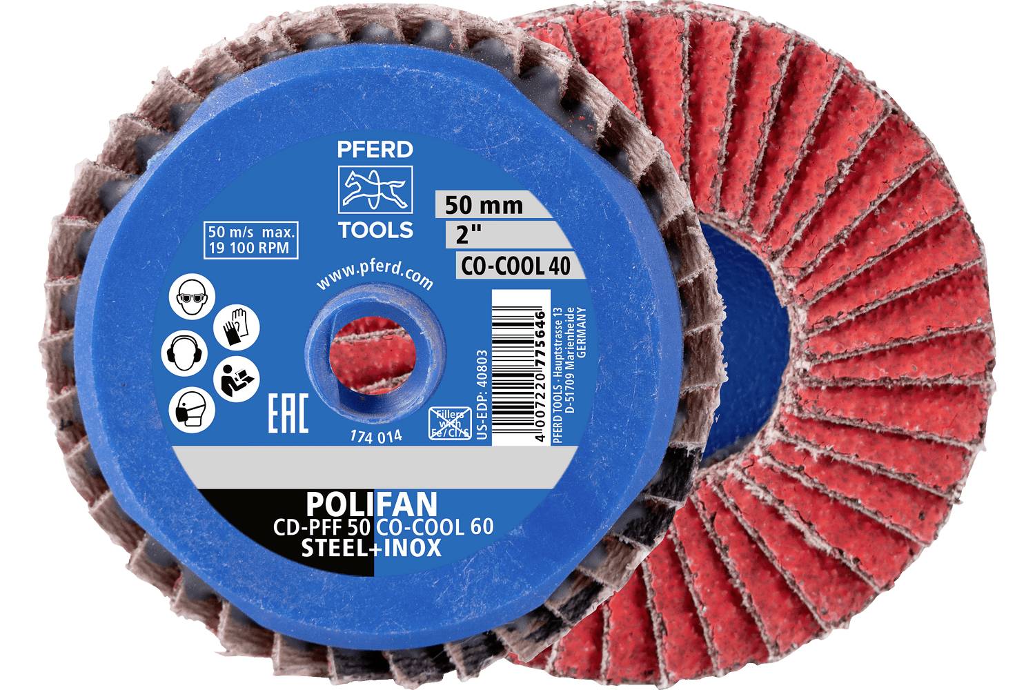 Deux disques à lamelles abrasifs qui se chevauchent, le disque PFERD POLIFAN étiqueté en bleu devant et le disque rouge derrière, pour le meulage de l'acier et de l'acier inoxydable.