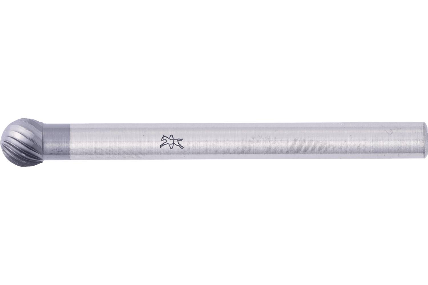 Metal cylindrical rotary burr with a rounded, grooved cutting head on the left and a long shank on a white background.
