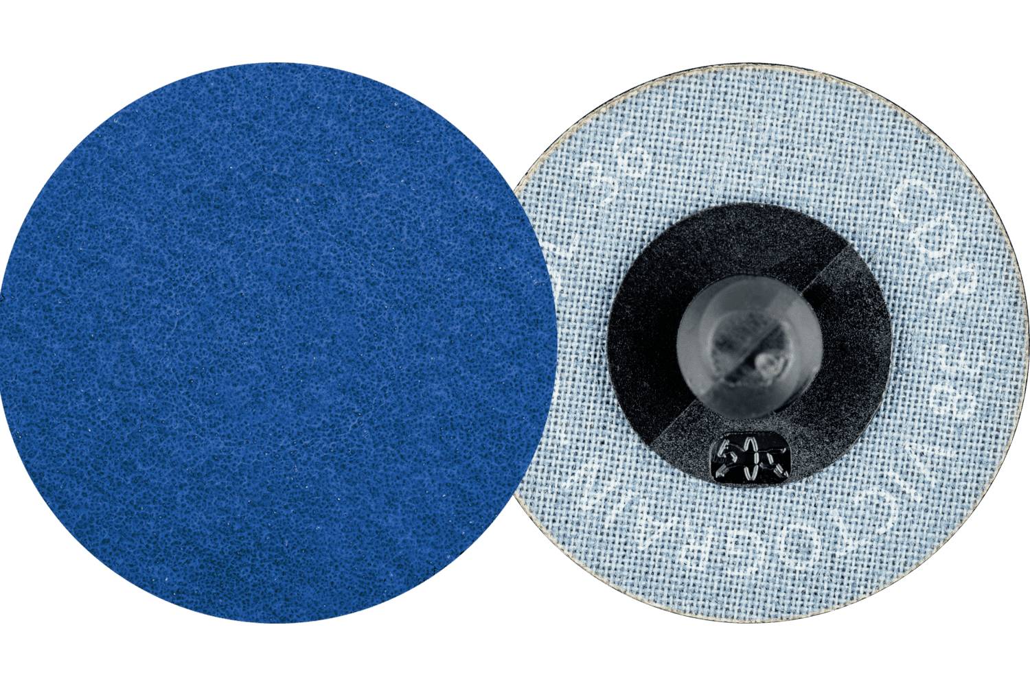Two circular abrasive pads overlap, one blue and one light gray with a black center and partially visible white text around the edge.