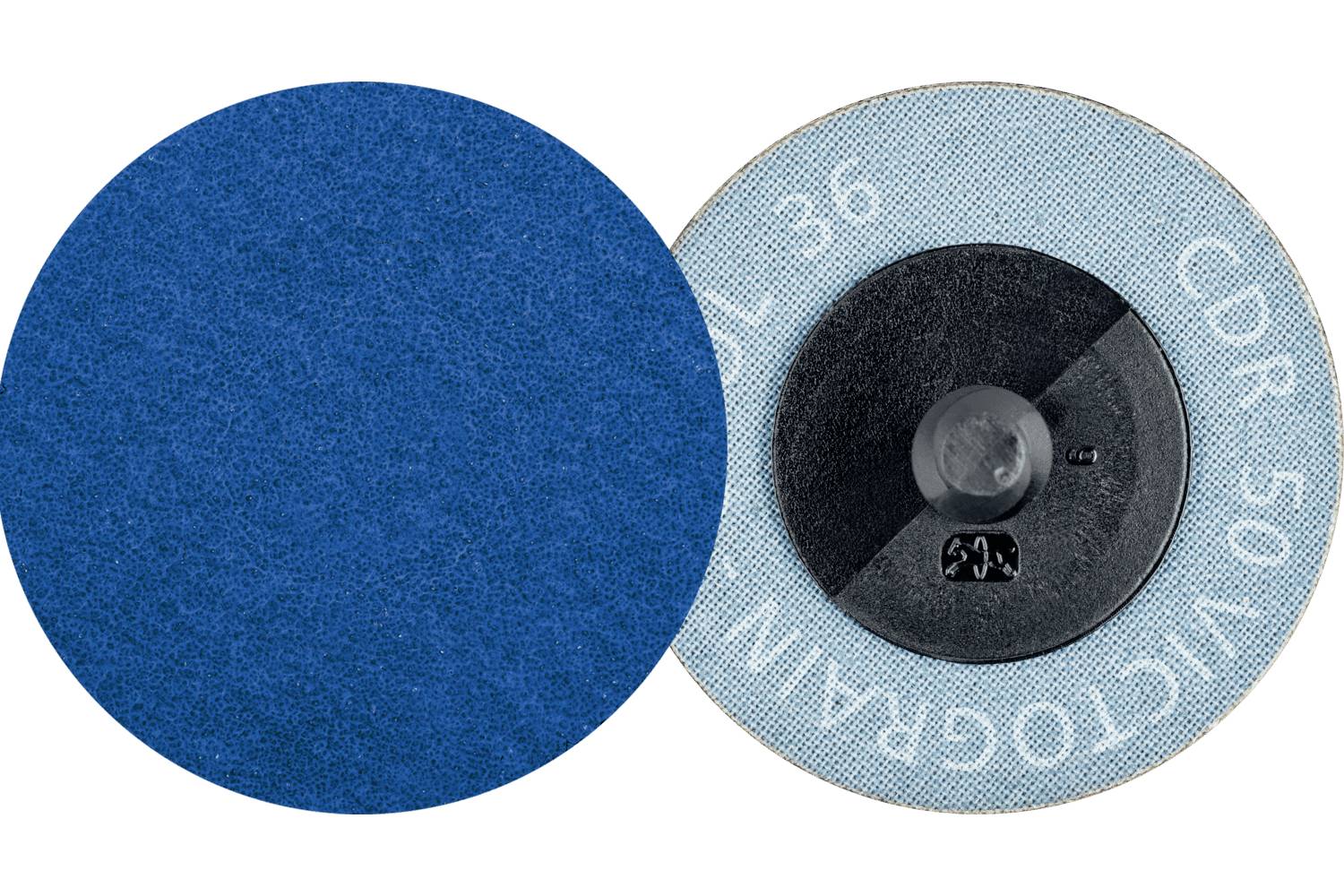 Two overlapping circular abrasive discs, one solid blue and one light blue with a black center, on a white background.