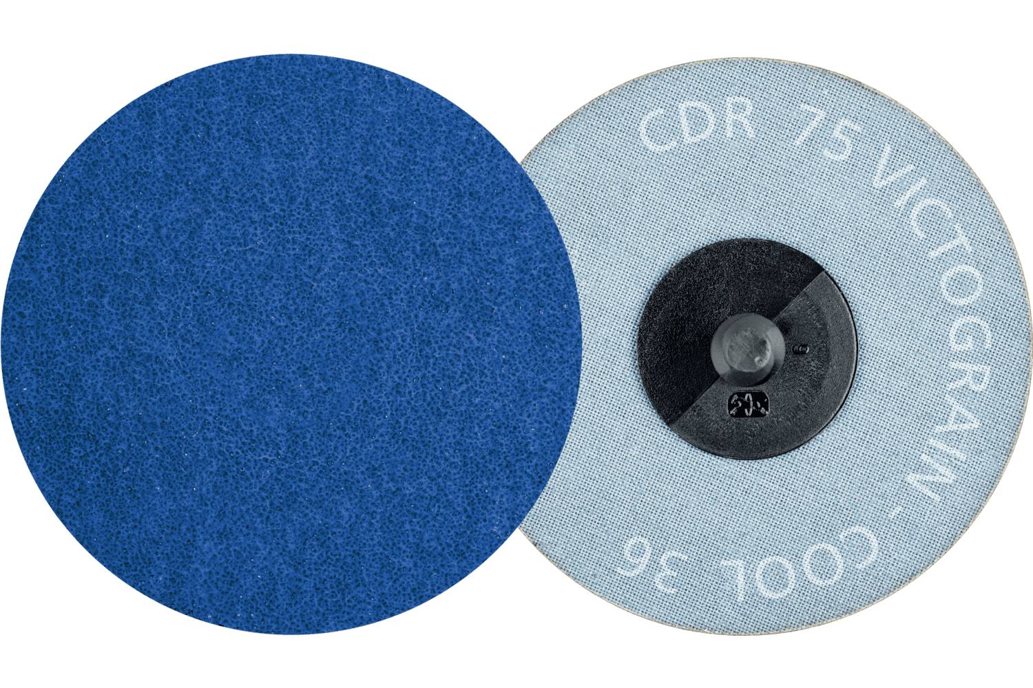 Two overlapping circular abrasive discs, one dark blue and one light blue labeled 'CDR 75 VICTOGRAM COOL 36'.