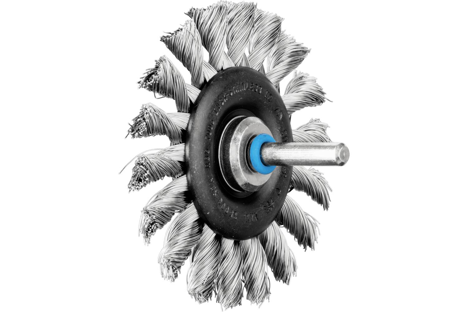 A wire brush wheel attachment with a central metal shaft, shown on a white background.