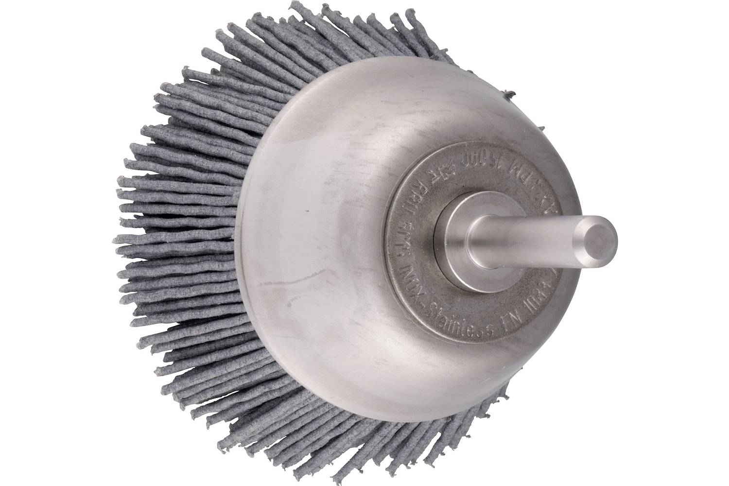 Rotary abrasive brush wheel with a central metal hub and protruding shaft on a white background.