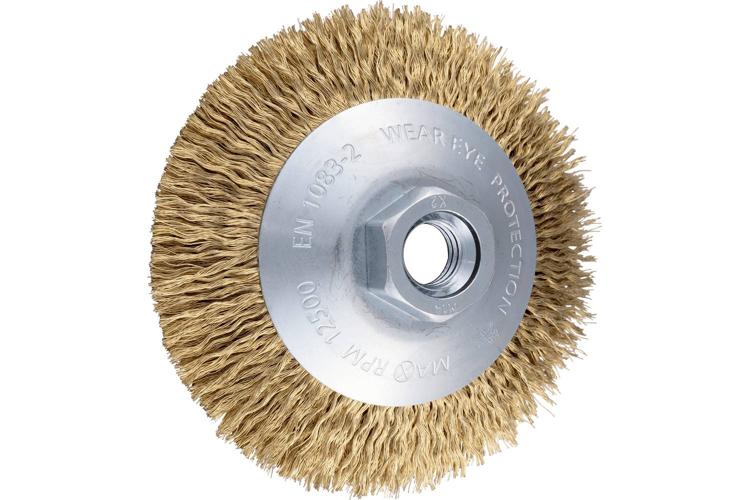 Round wire brush wheel with tan bristles and a silver metal center hub on a white background.