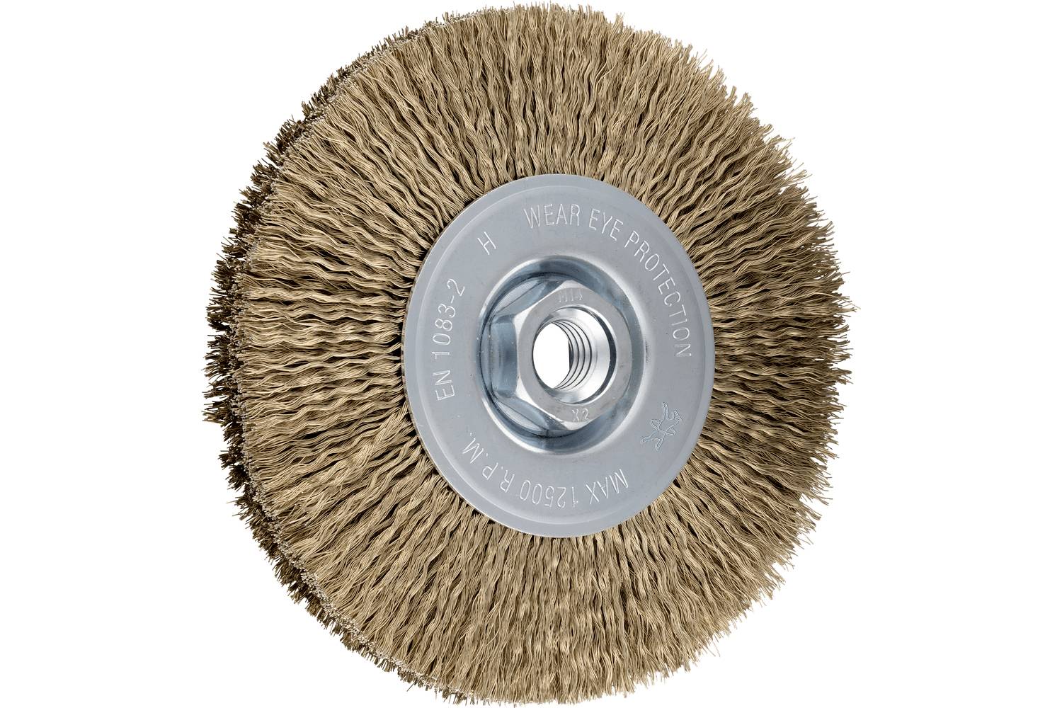 Circular abrasive wire brush wheel with metal hub, shown isolated on a white background.