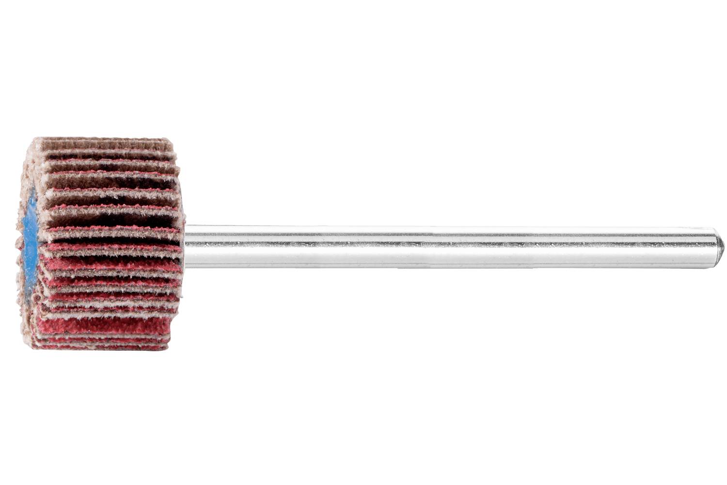 A mounted abrasive flap wheel with a metal shaft, used for sanding or polishing.