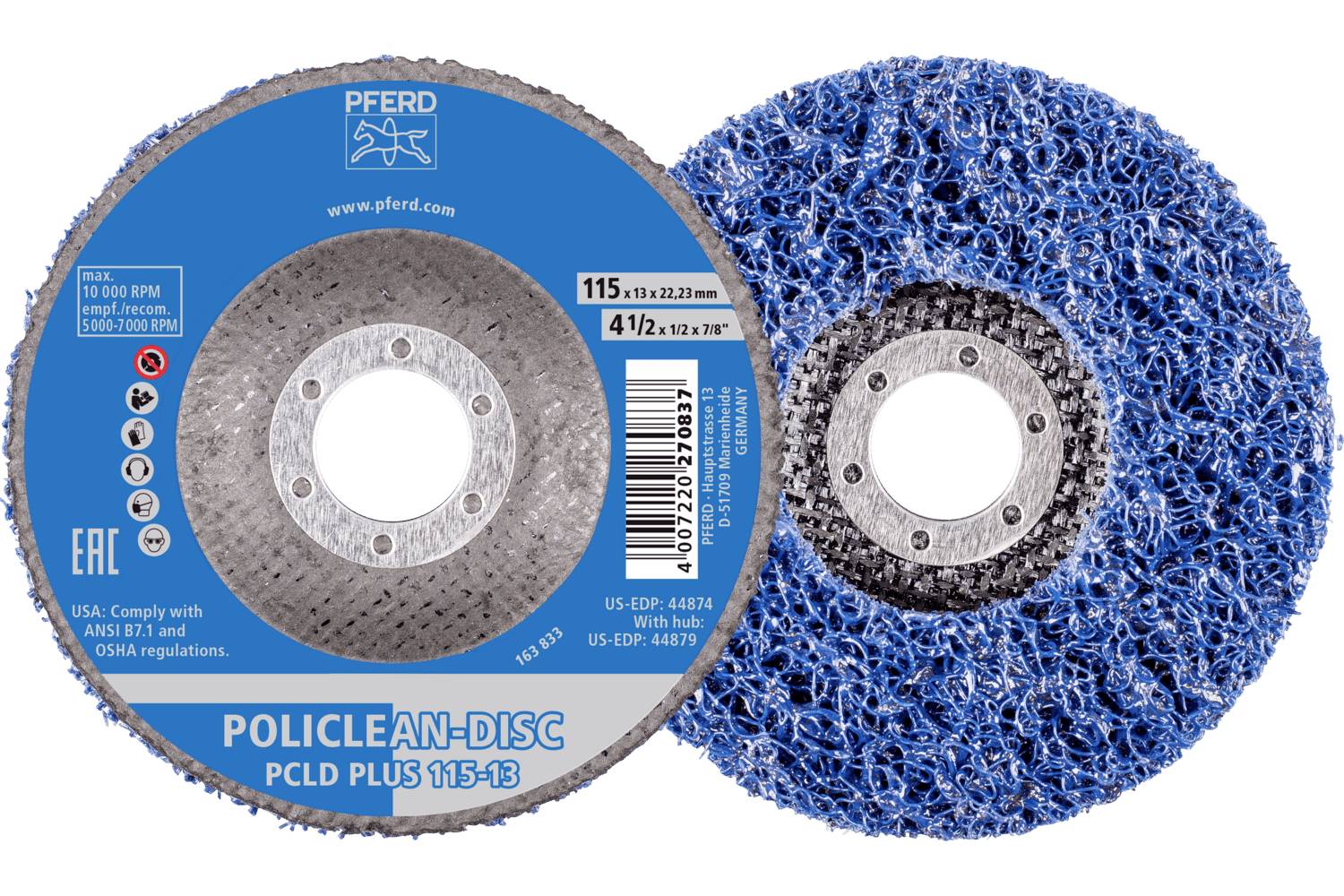 Deux disques abrasifs PFERD POLICLEAN-DISC, l'un étiqueté PCLD PLUS 115-13 et un disque bleu, présentés en vue de face avec des trous de montage centraux.