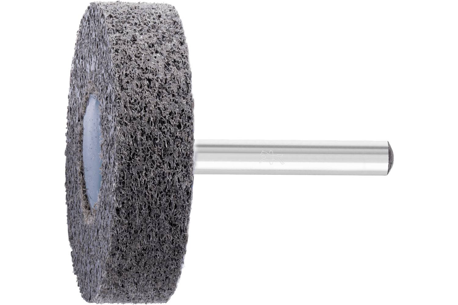 A gray abrasive grinding wheel mounted on a metal shaft, shown on a white background.