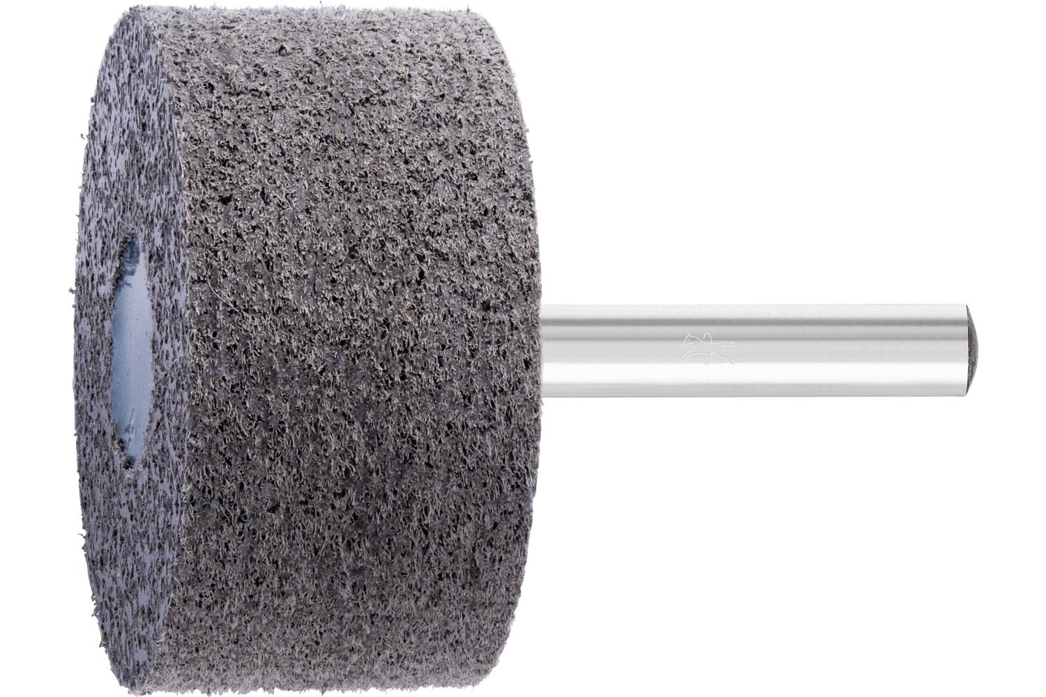 A cylindrical abrasive grinding wheel mounted on a metal shaft, shown on a white background.