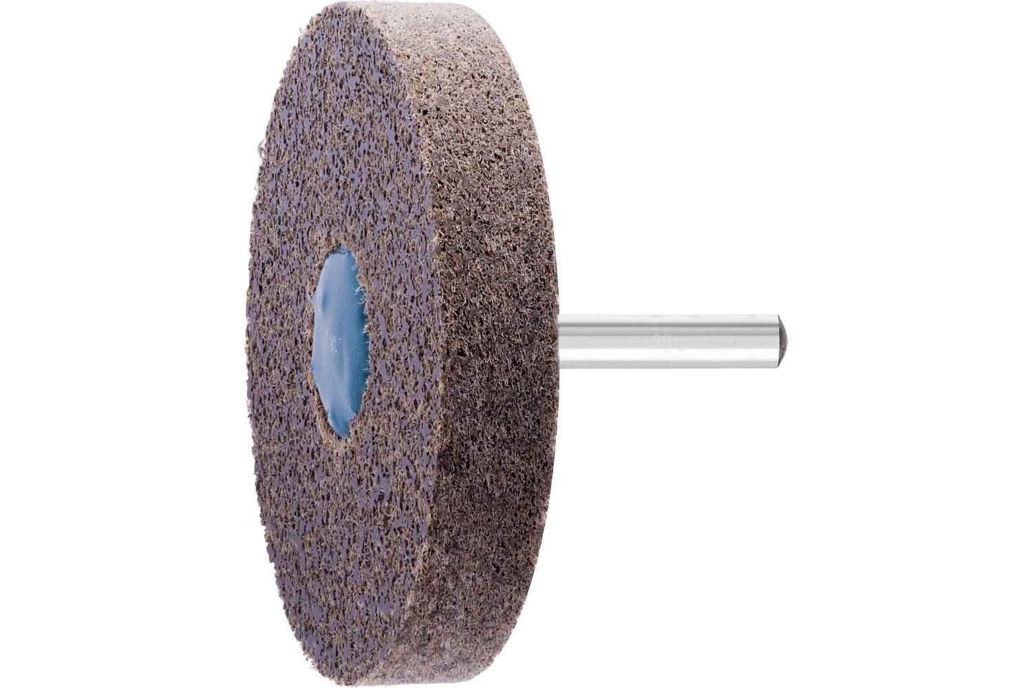 A brown abrasive grinding wheel mounted on a metal shaft, shown on a white background.