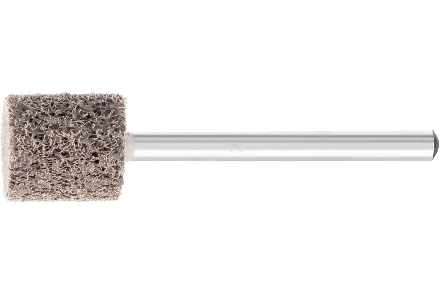 A cylindrical abrasive sanding mop with a metal shaft on a white background.