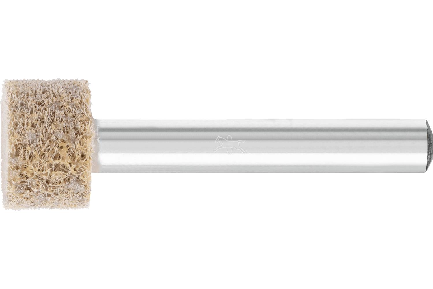 A cylindrical abrasive sanding bit with a beige scouring pad head attached to a silver metal shank on a white background.