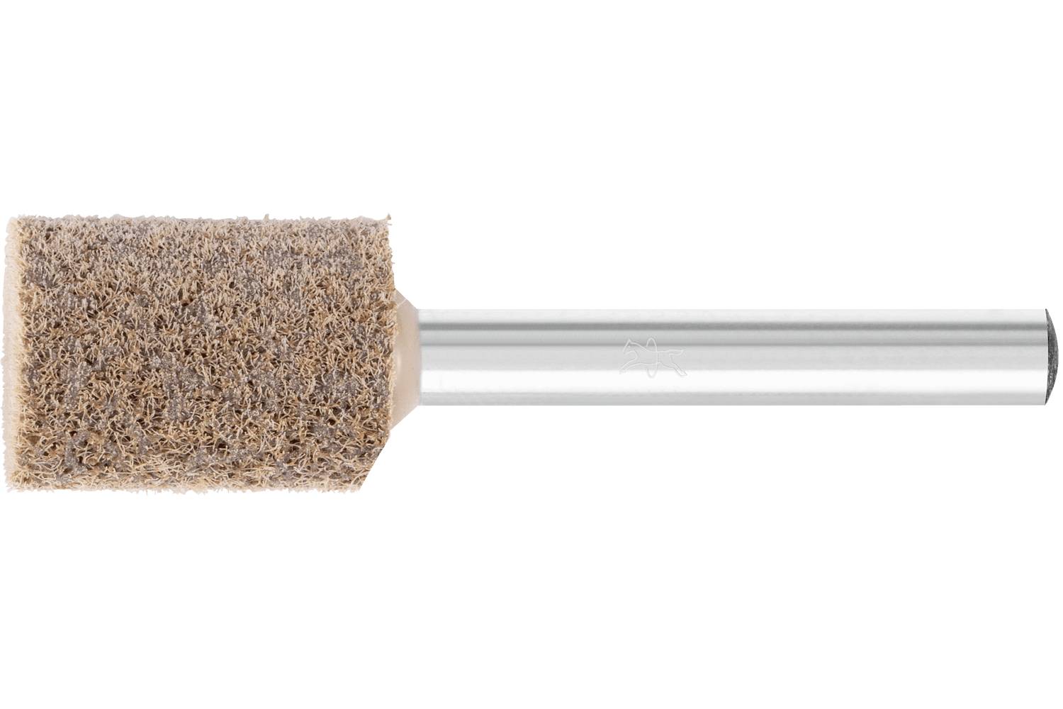 A brown abrasive sanding drum with a metal shaft on a white background.