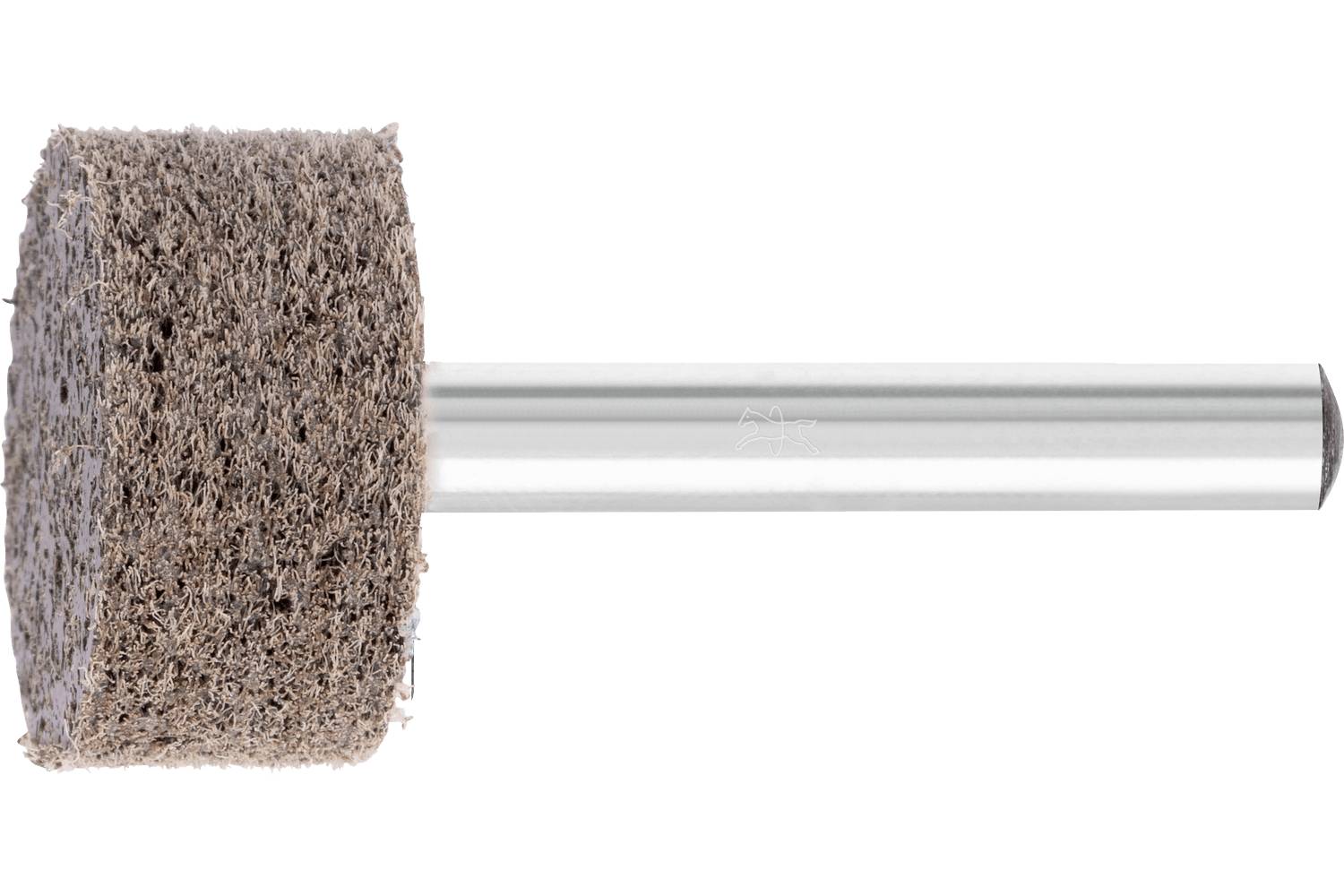 A cylindrical abrasive sanding head mounted on a metal shaft, shown isolated on a white background.