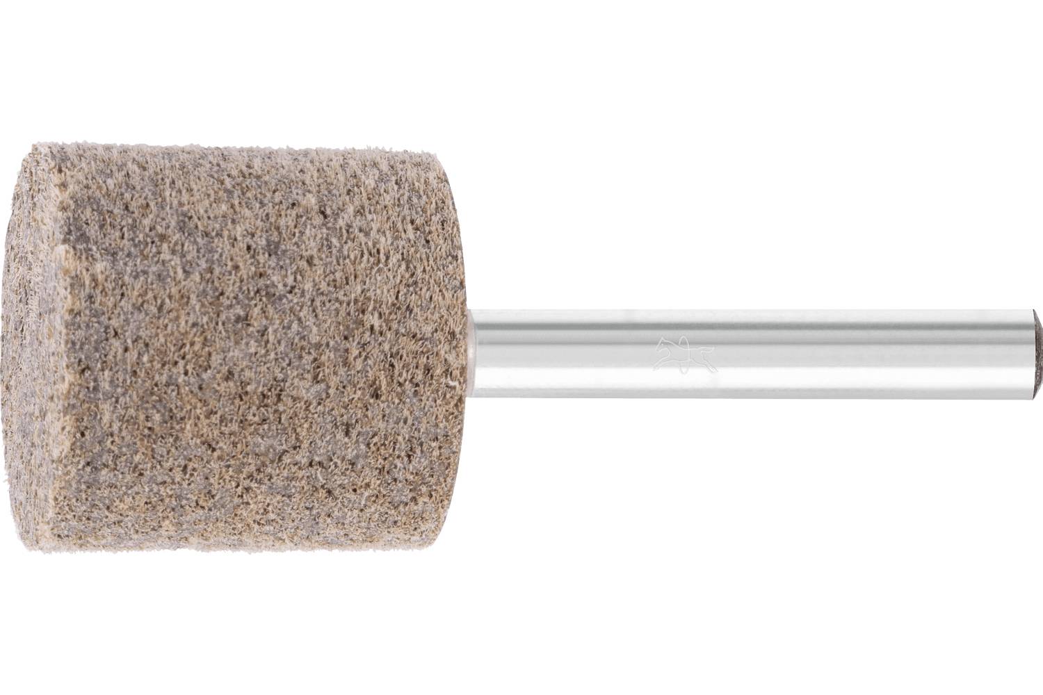 A cylindrical abrasive grinding wheel mounted on a metal shaft, isolated on a white background.