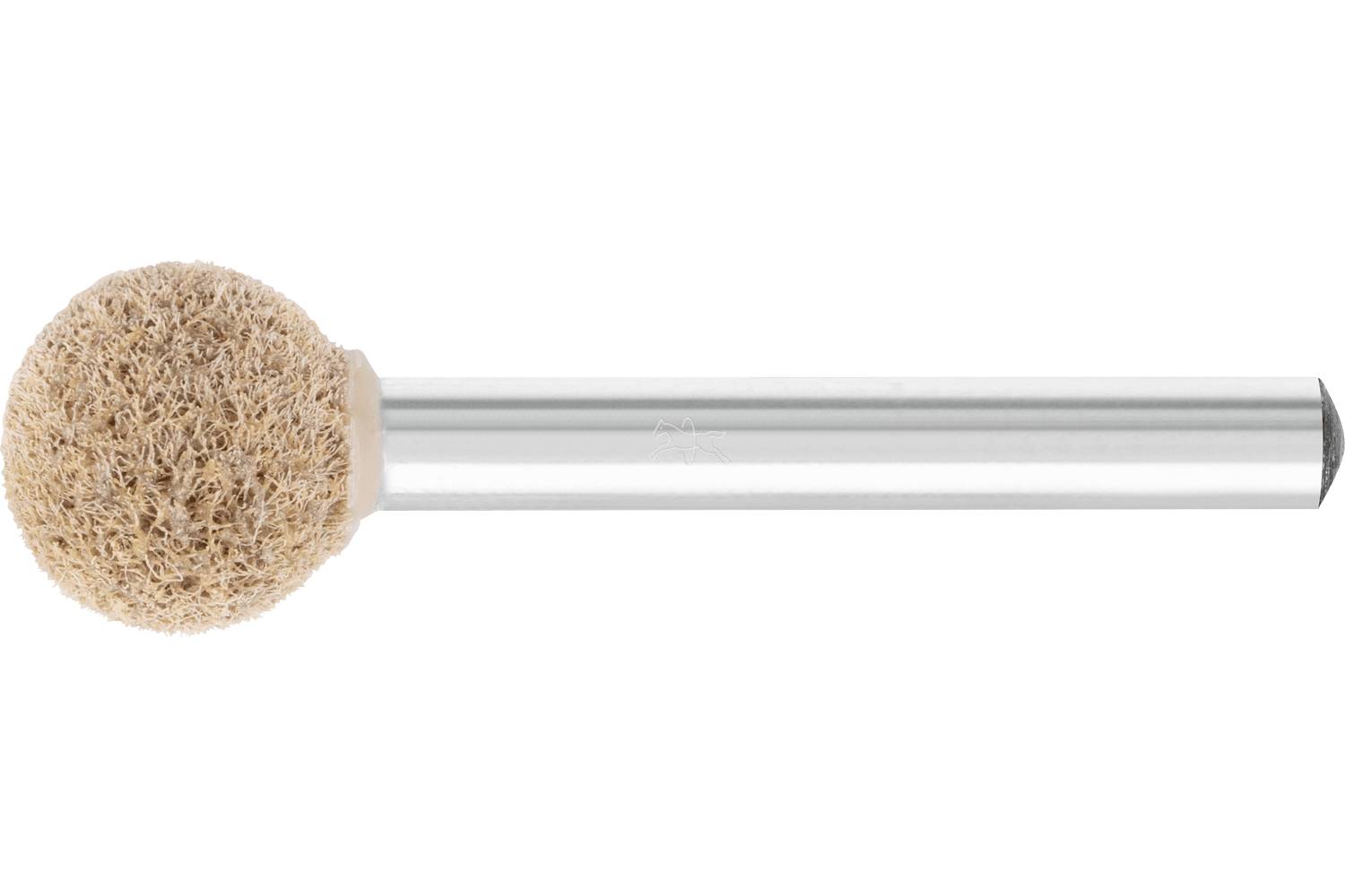 Round brown abrasive buffing head attached to a long silver metal shaft on a white background.