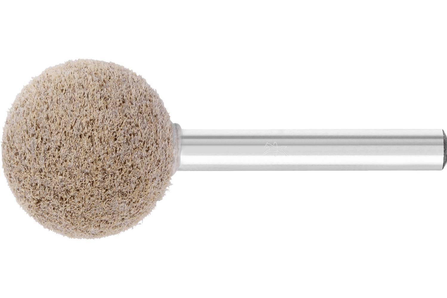 Brown abrasive polishing ball attached to a metal shaft, isolated on a white background.