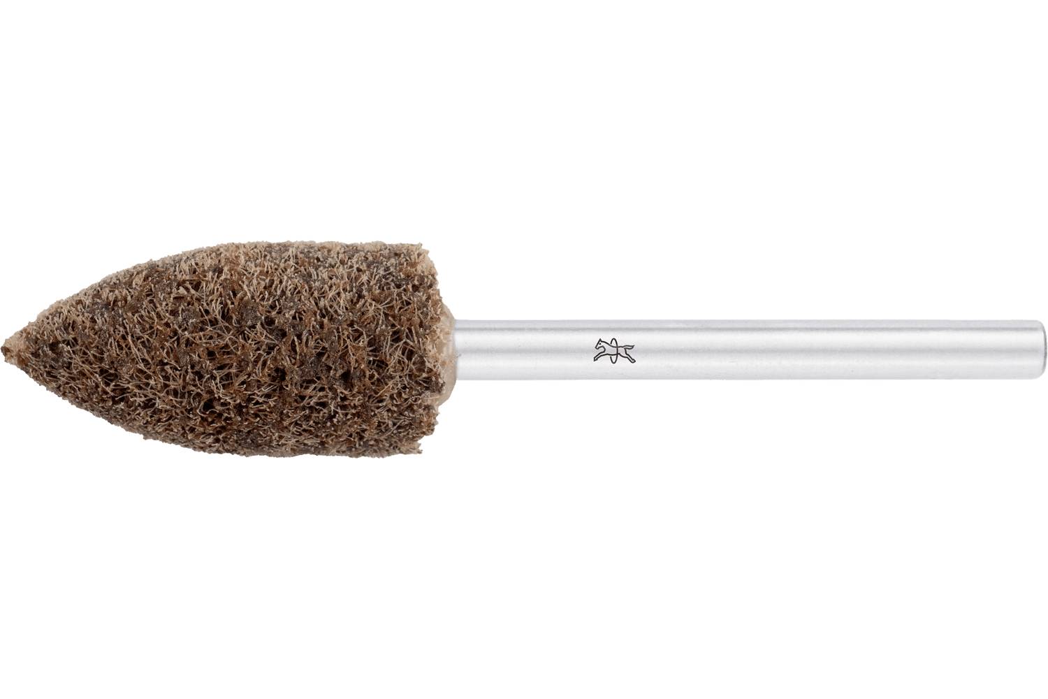 A brown abrasive wheel mounted on a metal shaft, isolated on a white background.