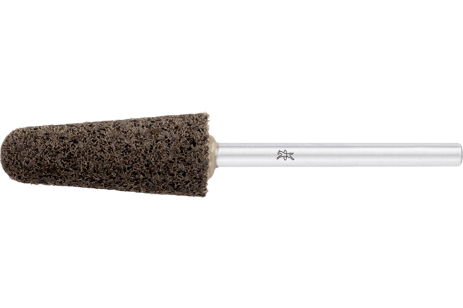 Close-up of a brown abrasive cleaning brush attachment with a metal shaft on a white background.