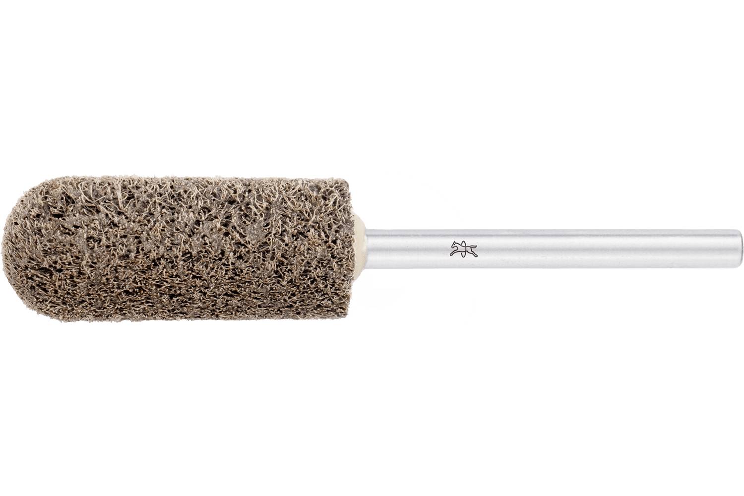 Brown abrasive cylindrical buffing wheel on a metal shaft, isolated on a white background.