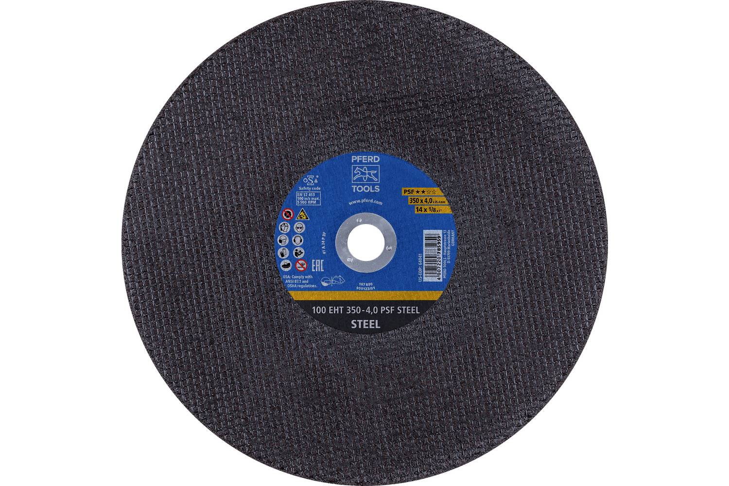 A large black abrasive cutoff wheel with a blue center label on a white background.