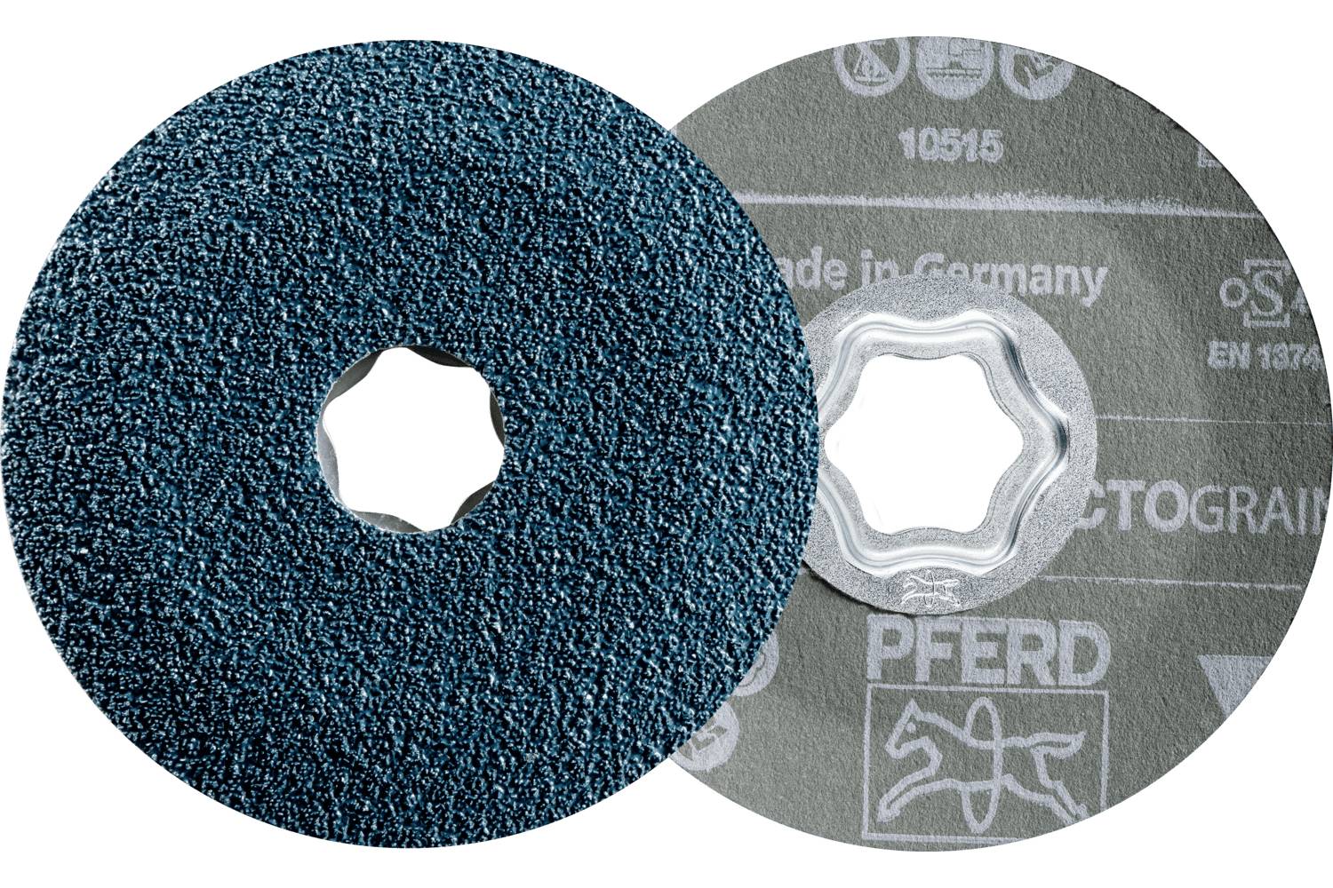 Deux disques abrasifs circulaires qui se chevauchent, l'un turquoise et l'autre gris, chacun avec un trou central en forme d'étoile, présentés en gros plan de produit.