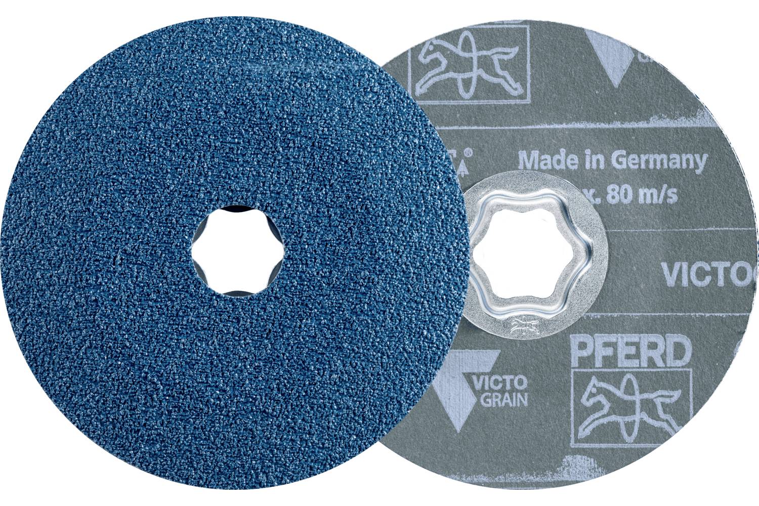 Deux disques abrasifs qui se chevauchent : un tampon de ponçage bleu à l'avant et un disque gris étiqueté derrière.