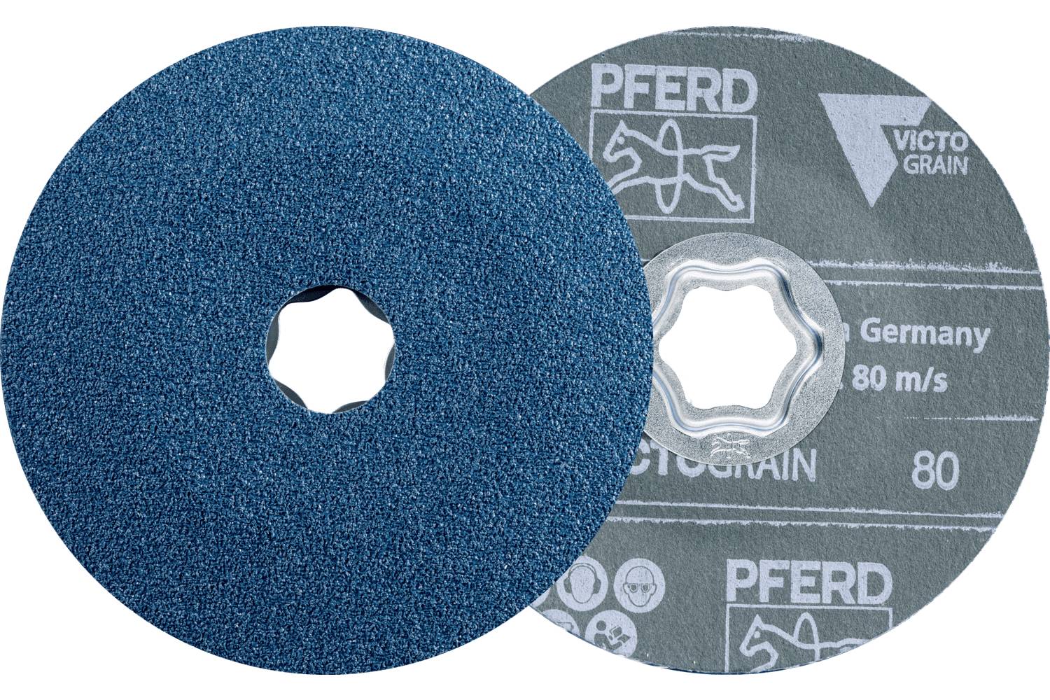 Deux disques de meulage abrasifs qui se chevauchent, l'un bleu et l'autre gris, portant les étiquettes « PFERD » et « VICTO GRAIN ».