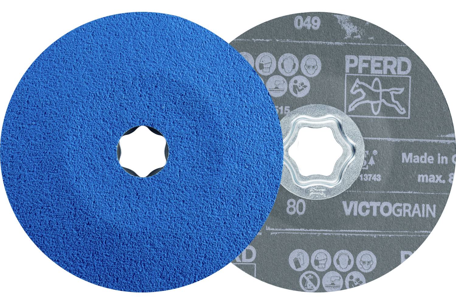 Disque de meulage abrasif bleu se chevauchant avec un disque PFerd Victograin noir et argenté, montrant les faces des disques et les trous centraux.
