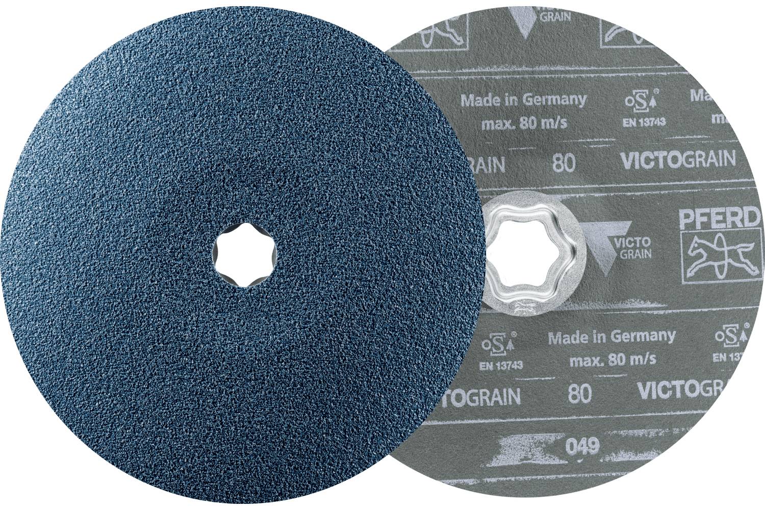 Deux disques de ponçage abrasifs qui se chevauchent, un disque avant bleu et un disque PFERD VICTOGRAIN gris étiqueté « Fabriqué en Allemagne » et « max. 80 m/s ».