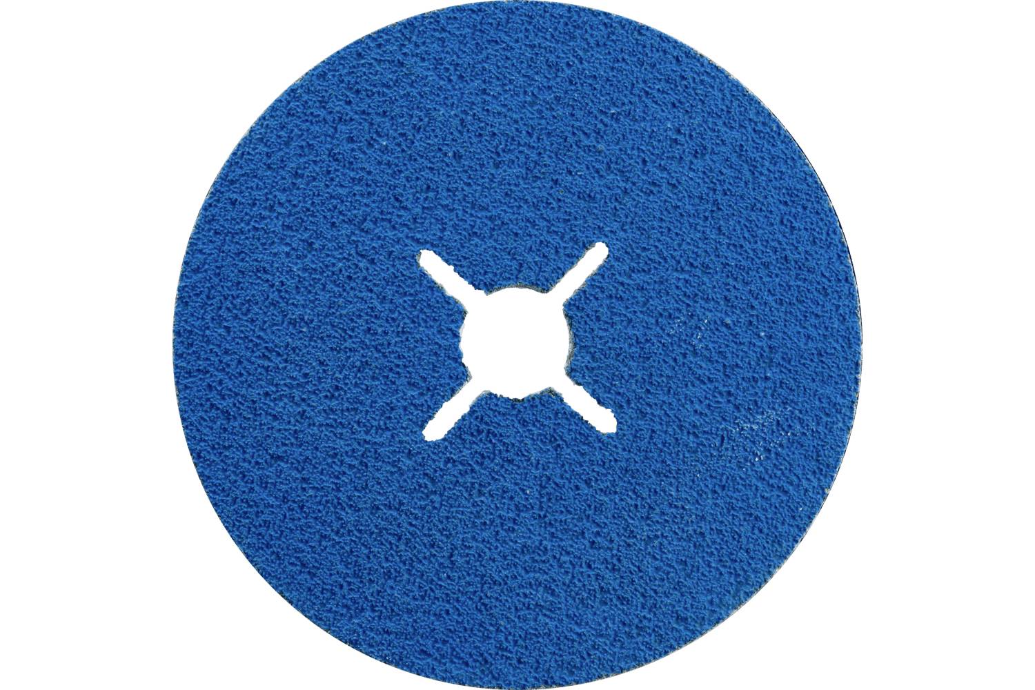 Disque circulaire bleu texturé avec un symbole blanc en forme de croix au centre.