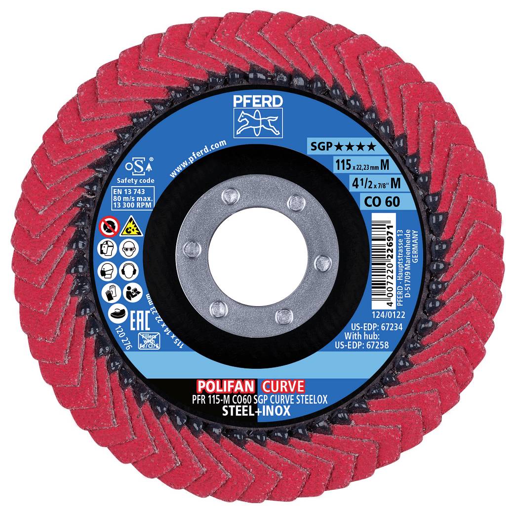 Circular red abrasive flap disc labeled 'PFERD POLIFAN CURVE' with central mounting hole and product specifications on the label.