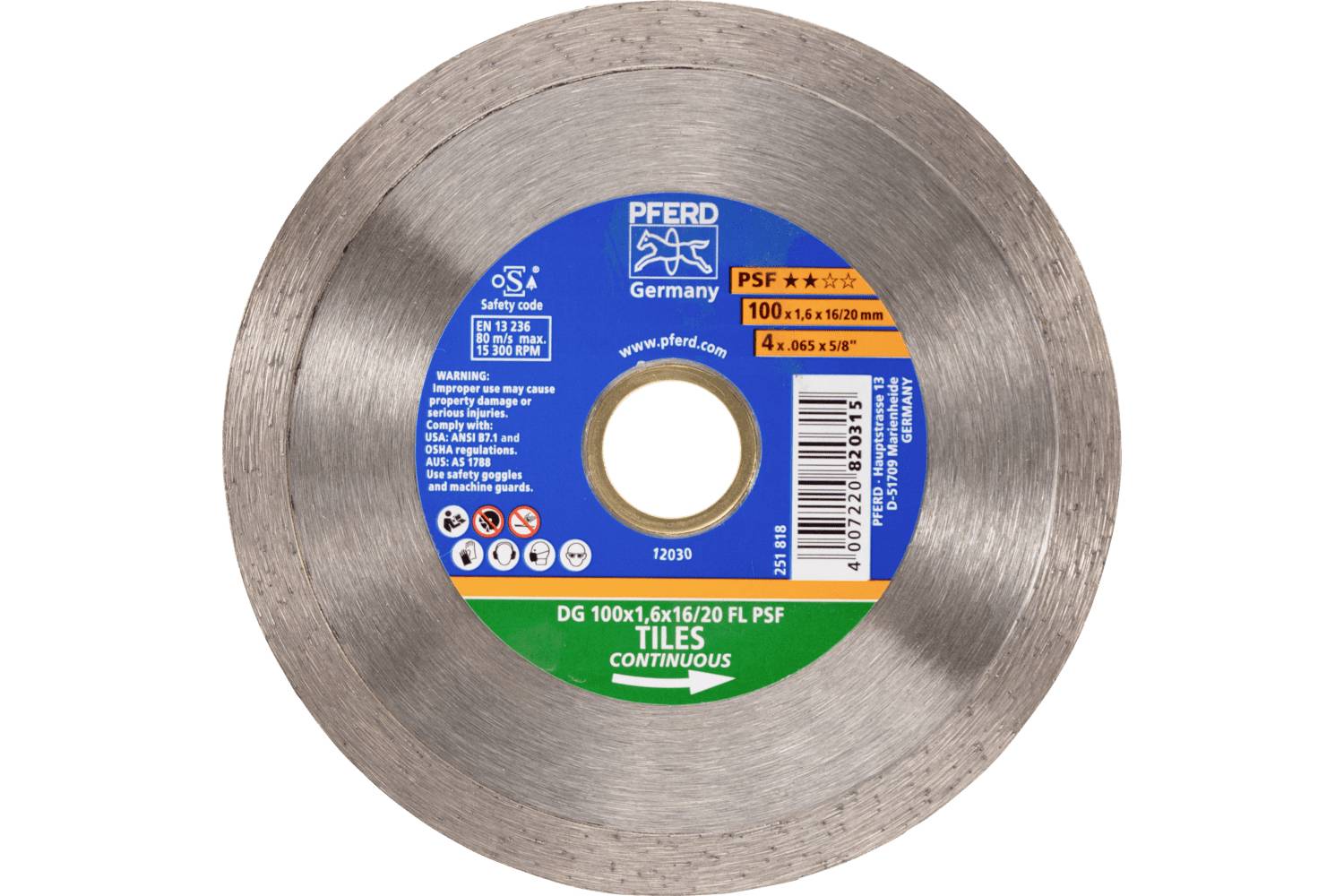 Close-up of a PEERD continuous cutting wheel labeled 'DG 100x1.6x16/20 FL PSF TILES CONTINUOUS' on a white background.