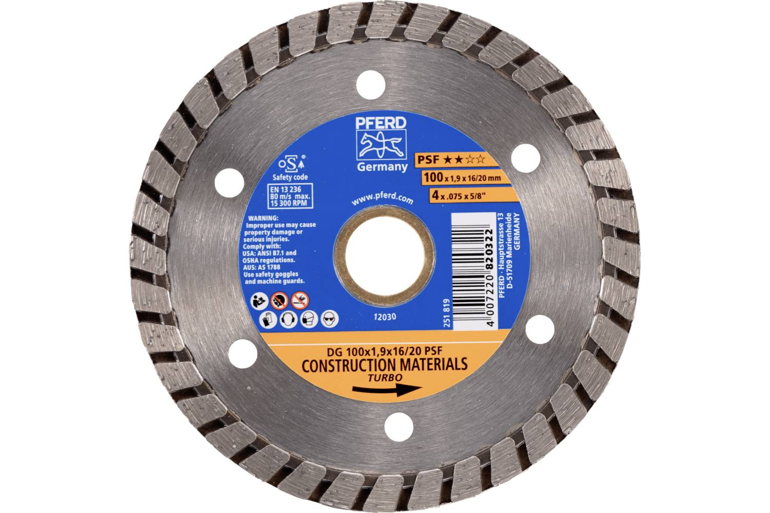 Circular diamond cutting blade labeled PFERD for construction materials, with segmented outer edge and central blue-orange product label.