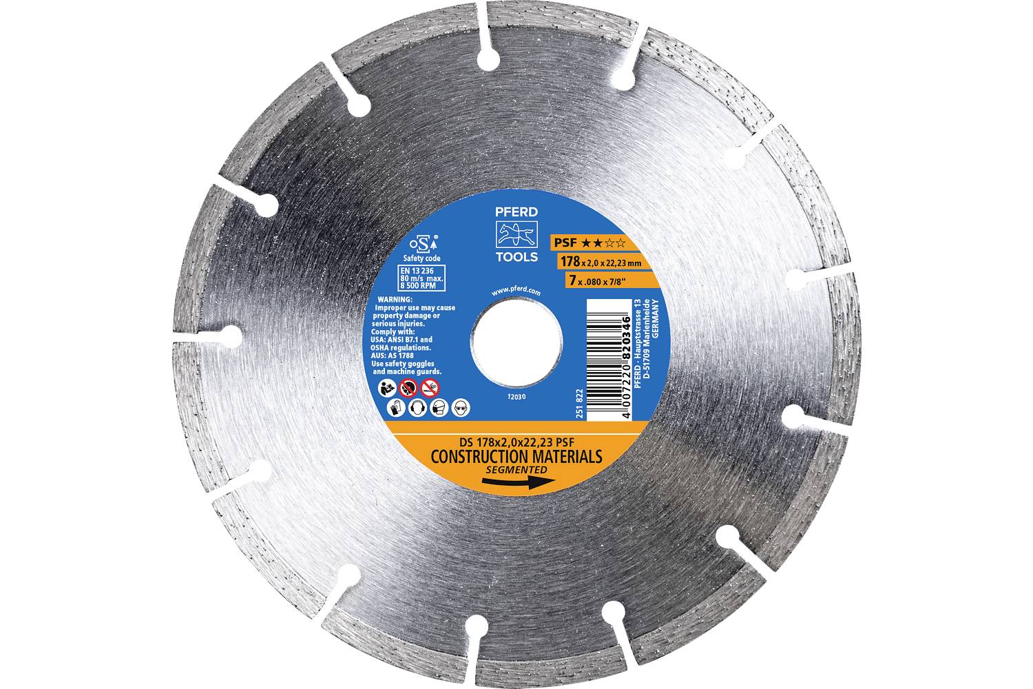 Silver segmented diamond saw blade with blue and orange label, shown front view on white background.