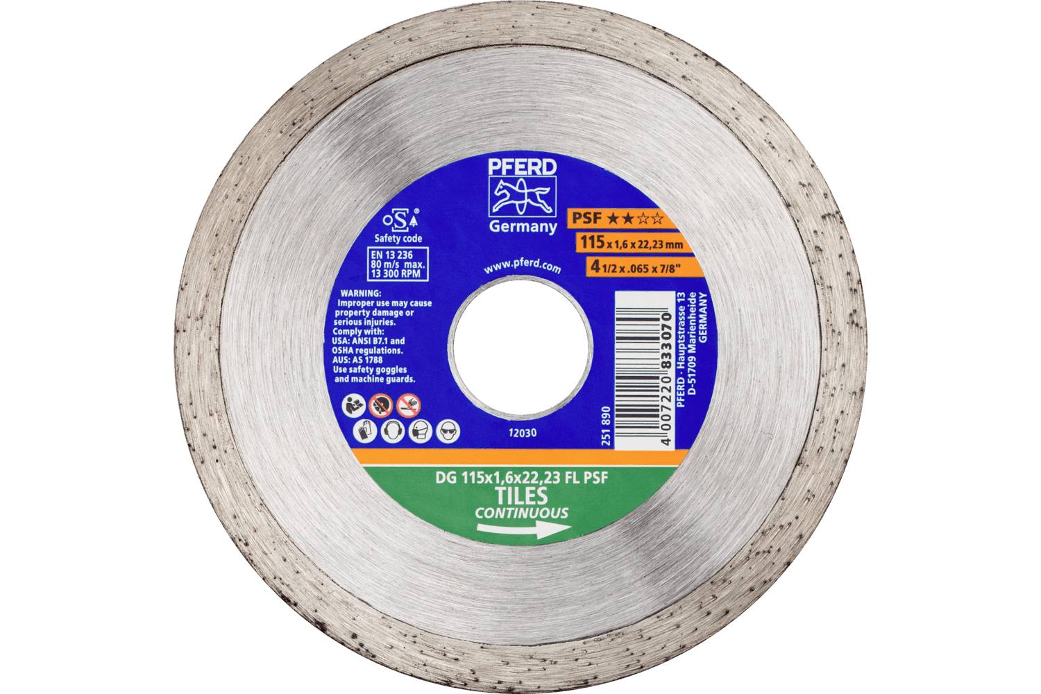 Circular PFERD abrasive cutting wheel product label on a metal disc, showing size and safety markings.