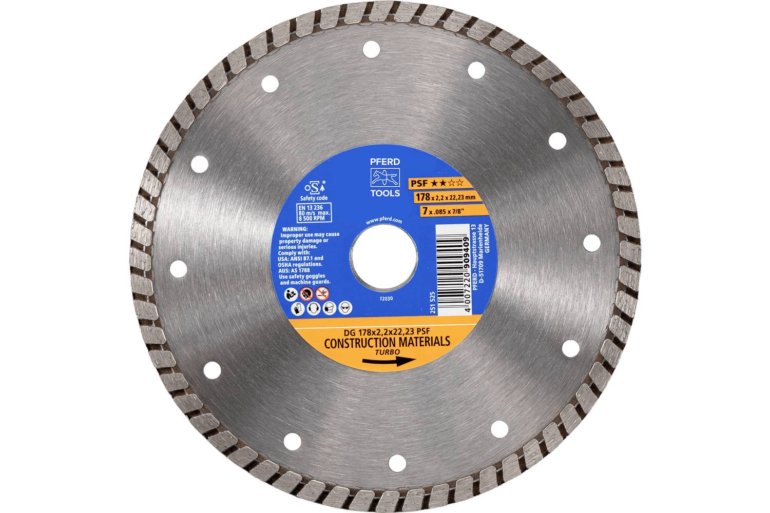 A circular diamond saw blade with a blue and orange center label, shown front-facing on a white background.