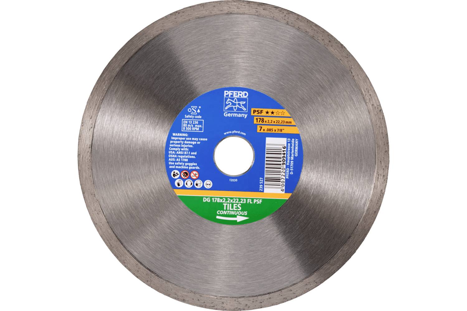Circular diamond saw blade with a blue-and-green 'PEERD Germany' label in the center, shown on a white background.