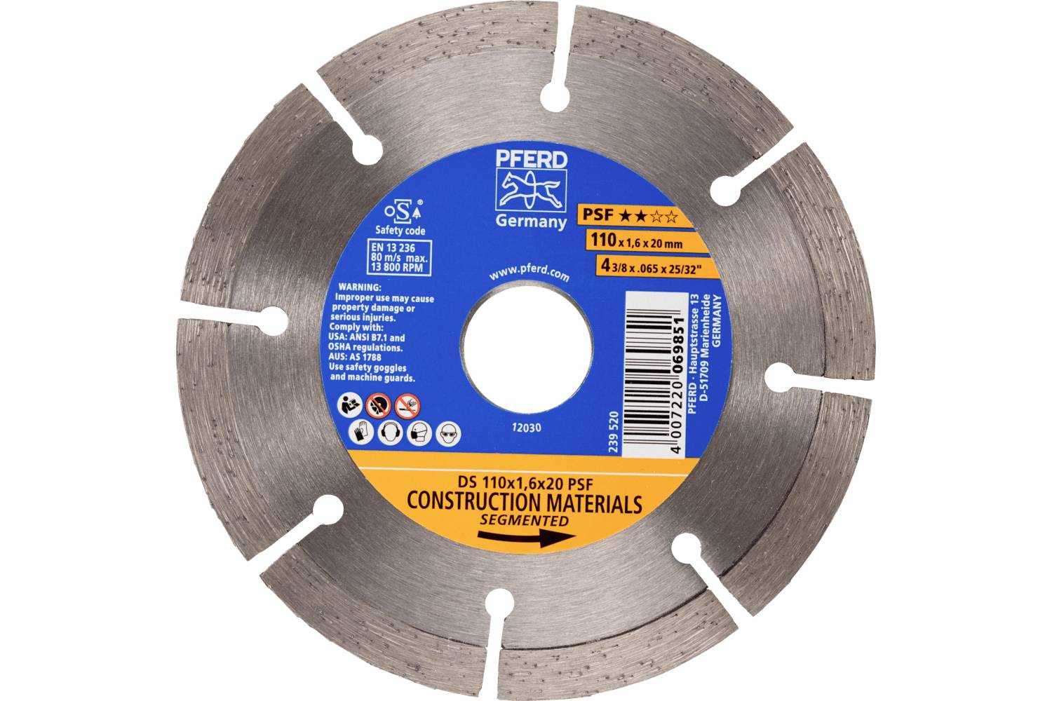 Circular segmented diamond cutting blade labeled 'PFERD' and 'CONSTRUCTION MATERIALS SEGMENTED', shown front-on with a central mounting hole.